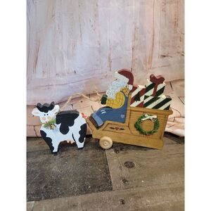 Wooden cow Santa Claus sleigh gifts mistletoe figured decor Xmas